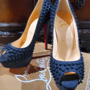 Womens Louboutin Lady peep spike flannel heels NIB 37.5